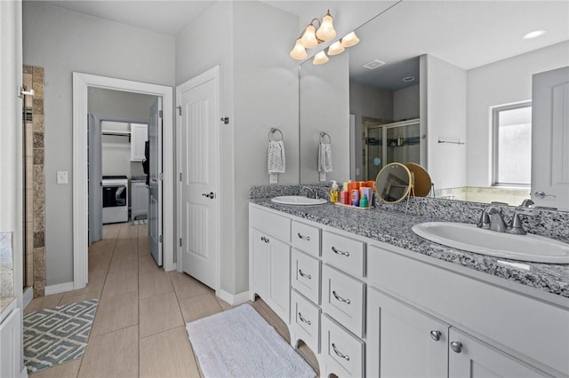 801 Bellmara Cir, Cave Springs, AR 72718 - bathroom featuring a shower stall, double vanity, and tile patterned flooring