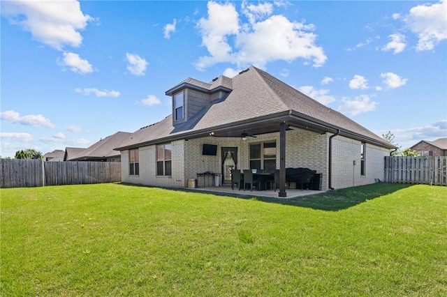 801 Bellmara Cir, Cave Springs, AR 72718 - rear view of property with brick siding, a ceiling fan, a fenced backyard, and a patio area