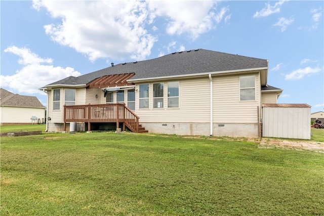 13449 Loyle Ln, Gravette, AR 72736 - rear view of property with crawl space, a lawn, a wooden deck, and roof with shingles