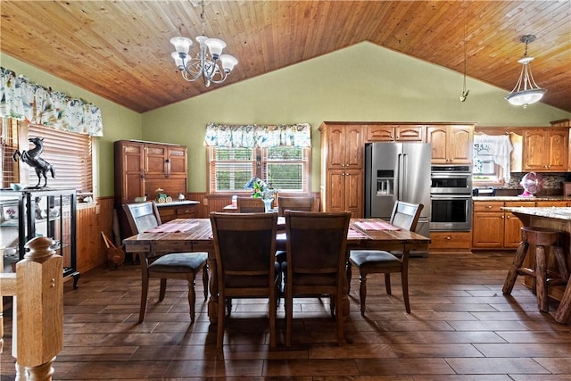 617 County Road 736, Berryville, AR 72616 - dining area with wainscoting, lofted ceiling, a chandelier, dark wood-style flooring, and wooden ceiling