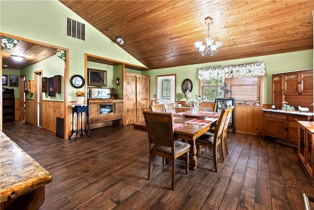 617 County Road 736, Berryville, AR 72616 - dining area featuring a wainscoted wall, a chandelier, dark wood-type flooring, lofted ceiling, and wood ceiling