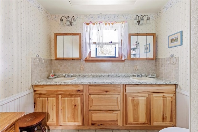 617 County Road 736, Berryville, AR 72616 - full bath featuring wallpapered walls and double vanity