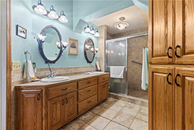 617 County Road 736, Berryville, AR 72616 - full bathroom with double vanity, tile patterned floors, and a stall shower