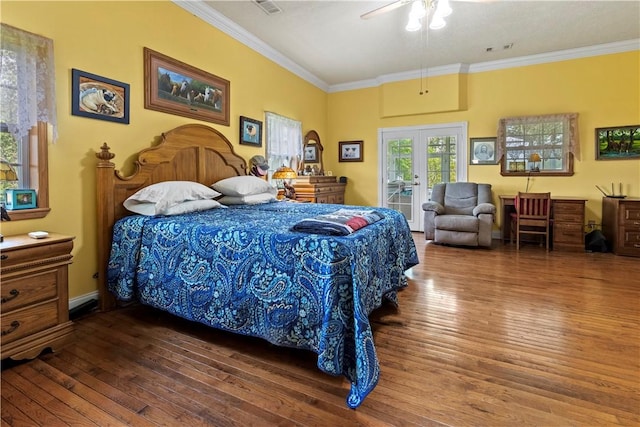 617 County Road 736, Berryville, AR 72616 - bedroom with access to outside, hardwood / wood-style floors, ornamental molding, french doors, and ceiling fan