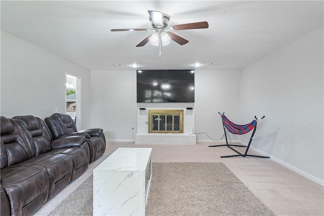 1903 Jean St, Springdale, AR 72762 - living room featuring light carpet, ceiling fan, and a brick fireplace
