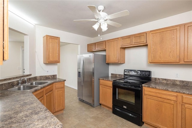 374 Meszaros Ct, Pea Ridge, AR 72751 - kitchen with black electric range oven, stainless steel fridge with ice dispenser, a ceiling fan, and dark countertops