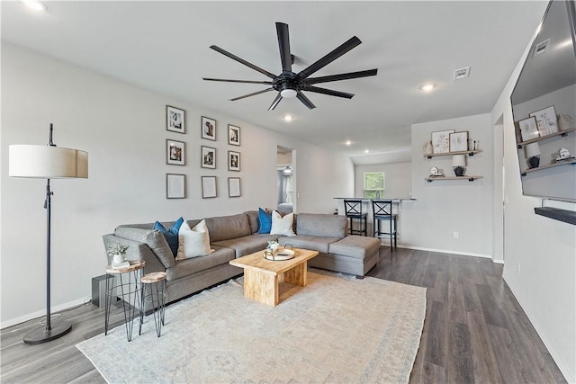 2586 Chittick St, Pea Ridge, AR 72751 - living room with a ceiling fan, dark wood finished floors, and recessed lighting