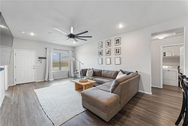 2586 Chittick St, Pea Ridge, AR 72751 - living room featuring washer / clothes dryer, wood finished floors, a ceiling fan, and recessed lighting