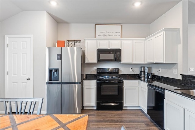 2586 Chittick St, Pea Ridge, AR 72751 - kitchen with black appliances, white cabinets, dark wood finished floors, dark stone counters, and recessed lighting