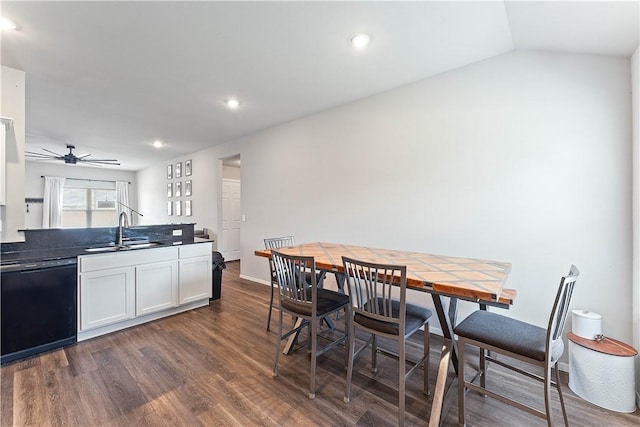 2586 Chittick St, Pea Ridge, AR 72751 - dining area with dark wood finished floors, a ceiling fan, recessed lighting, and vaulted ceiling