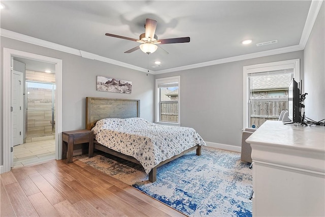1001 Kimball Ln, Pea Ridge, AR 72751 - bedroom with recessed lighting, light wood-type flooring, ornamental molding, ceiling fan, and ensuite bath