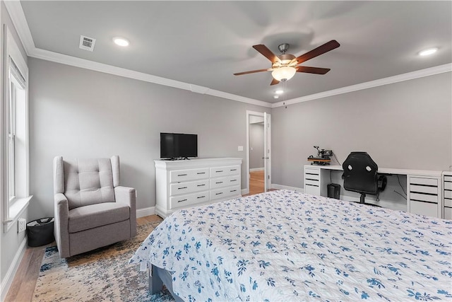 1001 Kimball Ln, Pea Ridge, AR 72751 - bedroom with light wood-type flooring, crown molding, recessed lighting, a desk, and a ceiling fan
