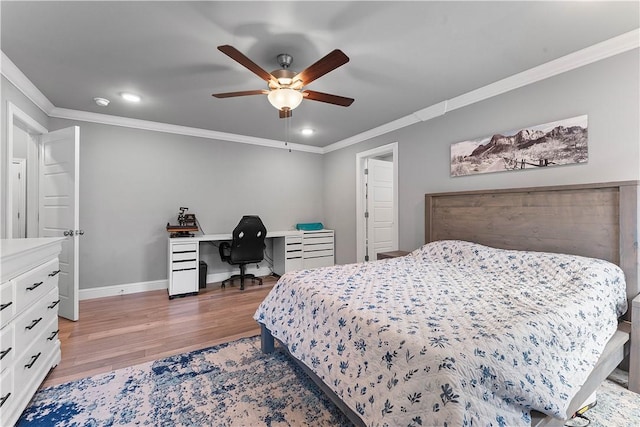 1001 Kimball Ln, Pea Ridge, AR 72751 - bedroom with ornamental molding, light wood finished floors, recessed lighting, a desk, and a ceiling fan