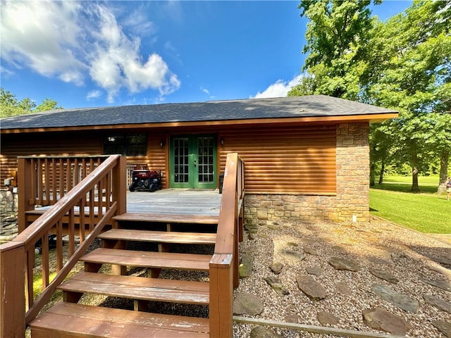 8500 Rock Creek Rd, Mulberry, AR 72947 - entrance to property featuring french doors, a wooden deck, a shingled roof, and faux log siding