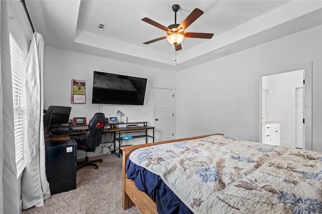 108 Dobson St, Pea Ridge, AR 72751 - bedroom with carpet floors, a tray ceiling, an office area, and a ceiling fan
