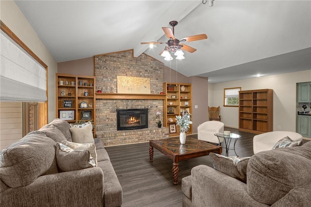 9382 Grimes Dr, Rogers, AR 72756 - living room with ceiling fan, wood finished floors, a brick fireplace, and built in features