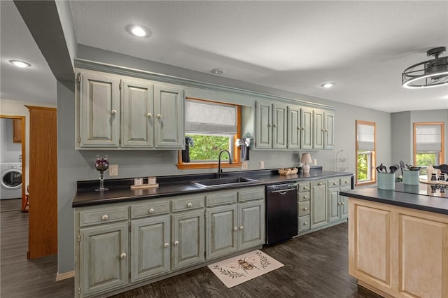 9382 Grimes Dr, Rogers, AR 72756 - kitchen with black dishwasher, dark countertops, washer / dryer, plenty of natural light, and recessed lighting