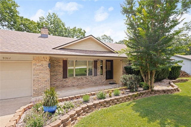 9382 Grimes Dr, Rogers, AR 72756 - ranch-style home featuring a shingled roof, a porch, brick siding, a garage, and a front lawn