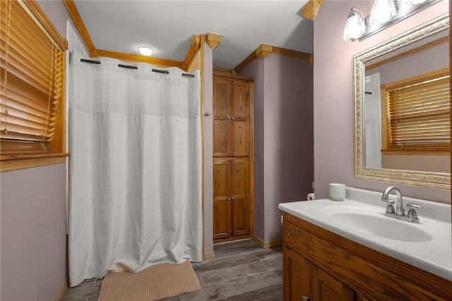 9382 Grimes Dr, Rogers, AR 72756 - bathroom featuring ornamental molding, vanity, and a shower with shower curtain
