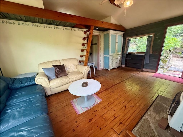 16 Nut St, Eureka Springs, AR 72632 - living room with ceiling fan, hardwood / wood-style floors, and lofted ceiling