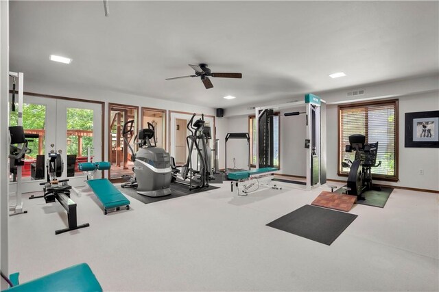 1018 N Canterbury Rd, Fayetteville, AR 72701 - gym with french doors, a ceiling fan, and healthy amount of natural light
