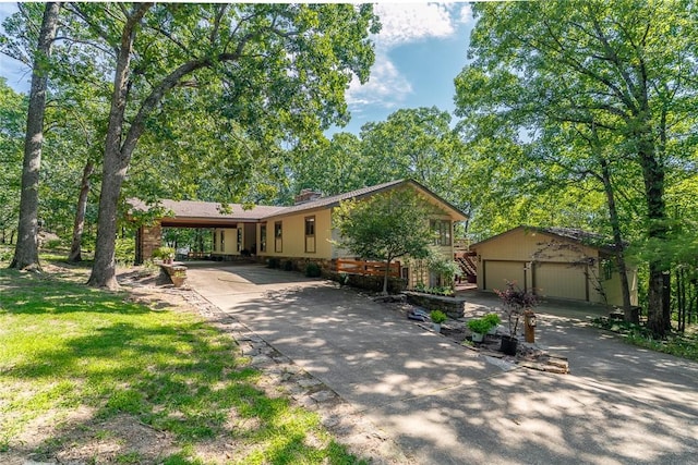 1018 N Canterbury Rd, Fayetteville, AR 72701 - single story home with an outdoor structure, a detached garage, a chimney, and a carport