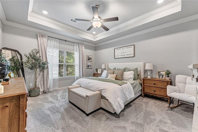 1208 Hickory St, Cave Springs, AR 72718 - bedroom with carpet floors, a tray ceiling, crown molding, a ceiling fan, and recessed lighting