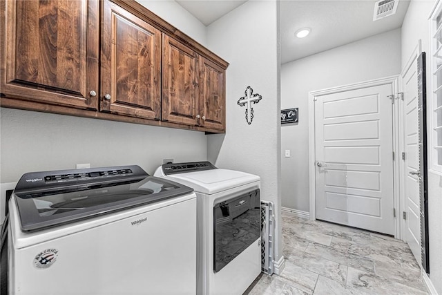 1208 Hickory St, Cave Springs, AR 72718 - laundry area featuring cabinet space, washing machine and dryer, light marble finish floors, and recessed lighting