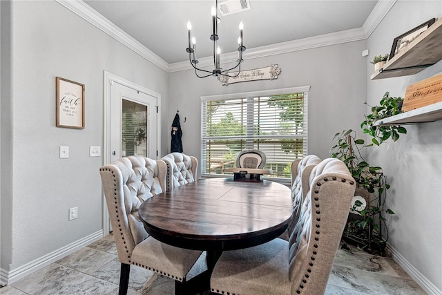 1208 Hickory St, Cave Springs, AR 72718 - dining room with a chandelier, stone tile floors, and crown molding