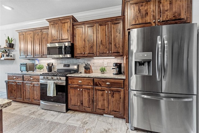 1208 Hickory St, Cave Springs, AR 72718 - kitchen featuring stainless steel appliances, crown molding, open shelves, backsplash, and light stone counters