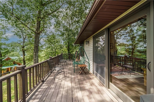 161 Hillcrest Rd, Eureka Springs, AR 72631 - wooden terrace with view of wooded area