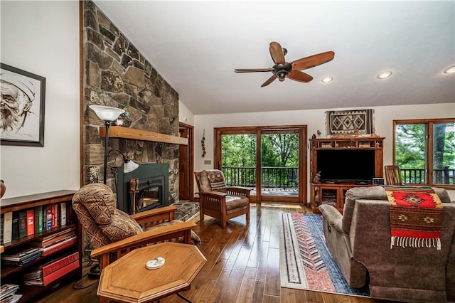 161 Hillcrest Rd, Eureka Springs, AR 72631 - living area featuring vaulted ceiling, ceiling fan, wood-type flooring, and recessed lighting