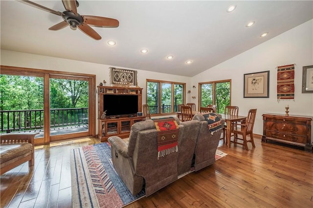 161 Hillcrest Rd, Eureka Springs, AR 72631 - living room featuring vaulted ceiling, hardwood / wood-style floors, recessed lighting, and ceiling fan