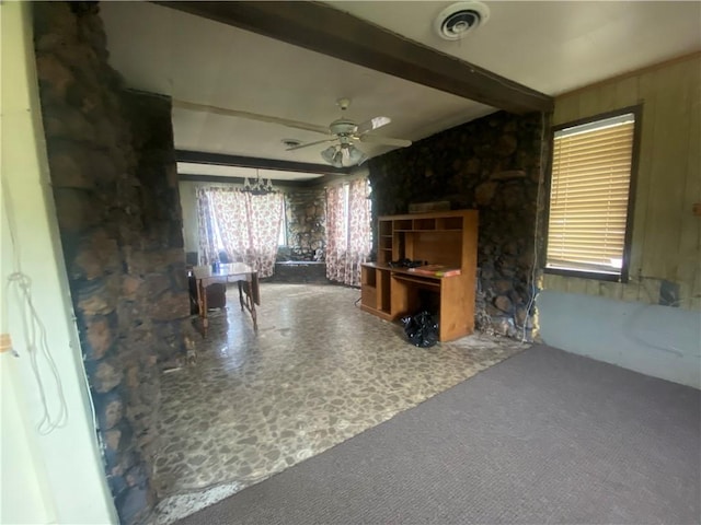 3218 Mulberry Wire Rd, Mulberry, AR 72947 - living room with beam ceiling, ceiling fan, a chandelier, and healthy amount of natural light