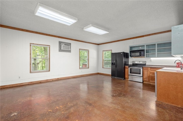 16590 Roughton Ln, Pea Ridge, AR 72751 - kitchen with black appliances, a wall mounted air conditioner, ornamental molding, open shelves, and a textured ceiling