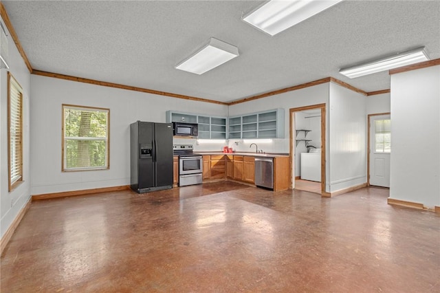 16590 Roughton Ln, Pea Ridge, AR 72751 - kitchen featuring black appliances, glass insert cabinets, washer / dryer, crown molding, and a textured ceiling