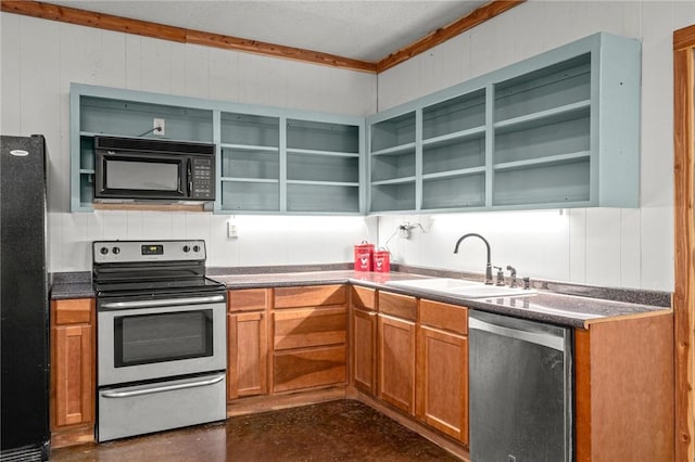 16590 Roughton Ln, Pea Ridge, AR 72751 - kitchen featuring black appliances, open shelves, brown cabinets, and dark countertops