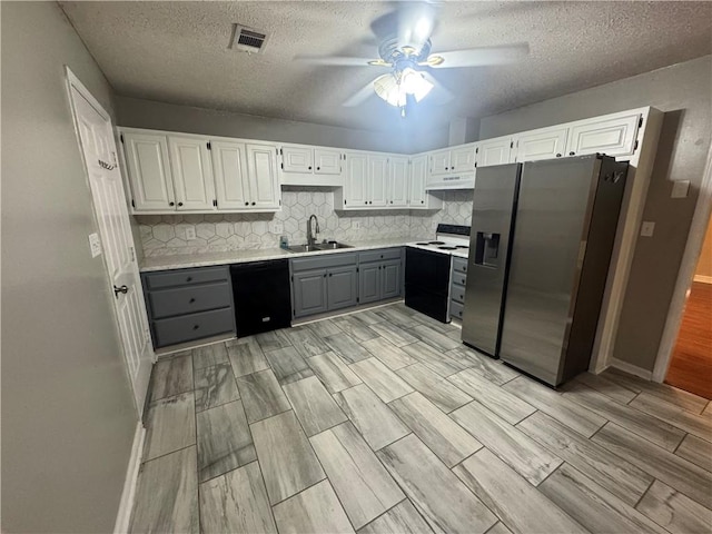 116 Autumn Cv, Searcy, AR 72143 - kitchen with white electric stove, stainless steel refrigerator with ice dispenser, dishwasher, gray cabinetry, and ceiling fan
