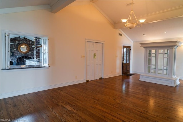 3655 Beach Way, Van Buren, AR 72956 - unfurnished living room with wood finished floors, a chandelier, beam ceiling, high vaulted ceiling, and ornamental molding
