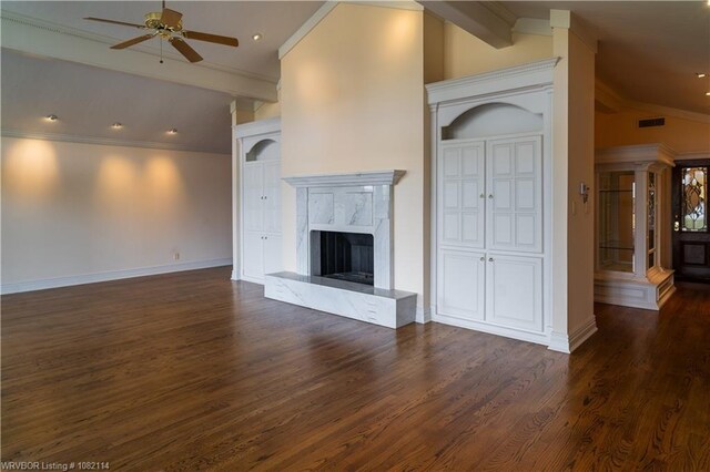 3655 Beach Way, Van Buren, AR 72956 - unfurnished living room featuring a ceiling fan, dark wood-style flooring, a high end fireplace, crown molding, and recessed lighting