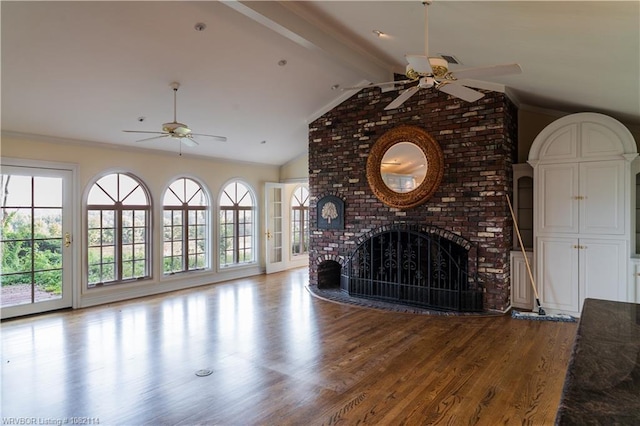 3655 Beach Way, Van Buren, AR 72956 - unfurnished living room featuring a ceiling fan, a fireplace, and wood finished floors