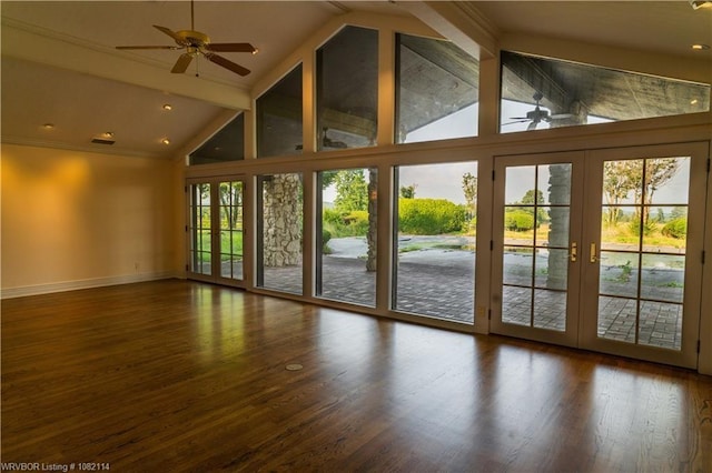 3655 Beach Way, Van Buren, AR 72956 - unfurnished living room featuring a ceiling fan, french doors, wood finished floors, and crown molding