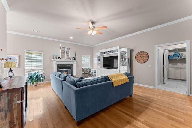 1409 S Breckenridge Loop, Rogers, AR 72756 - living area with plenty of natural light, light wood-type flooring, ceiling fan, a premium fireplace, and crown molding