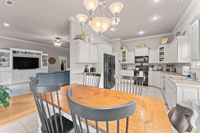 1409 S Breckenridge Loop, Rogers, AR 72756 - dining room featuring a chandelier, light tile patterned floors, a ceiling fan, recessed lighting, and crown molding