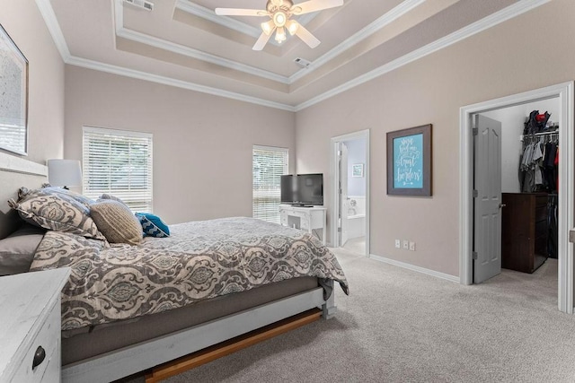 1409 S Breckenridge Loop, Rogers, AR 72756 - bedroom featuring ornamental molding, light colored carpet, a tray ceiling, a walk in closet, and ensuite bathroom