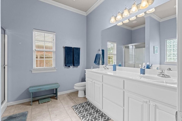 1409 S Breckenridge Loop, Rogers, AR 72756 - full bathroom with a shower stall, double vanity, ornamental molding, and tile patterned flooring