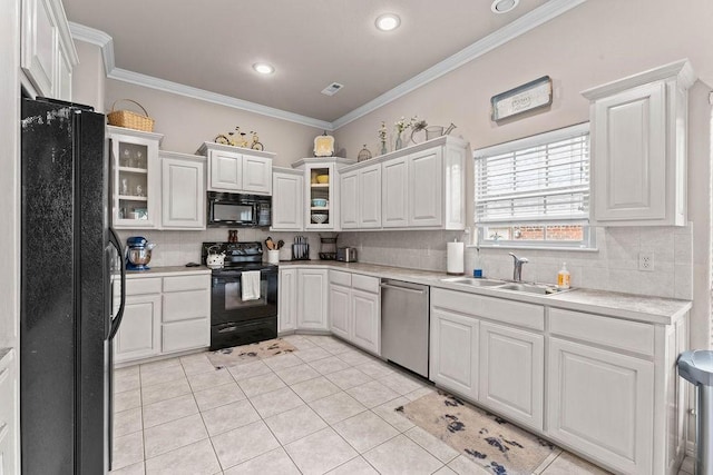 1409 S Breckenridge Loop, Rogers, AR 72756 - kitchen featuring black appliances, decorative backsplash, ornamental molding, white cabinets, and light countertops