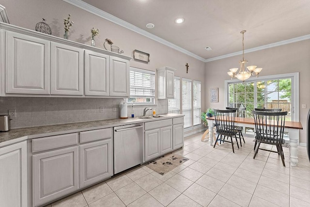 1409 S Breckenridge Loop, Rogers, AR 72756 - kitchen with stainless steel dishwasher, light tile patterned floors, decorative backsplash, plenty of natural light, and crown molding