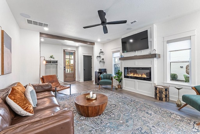 103 NW Ozark Way, Bentonville, AR 72712 - living room featuring wood finished floors, a glass covered fireplace, and ceiling fan
