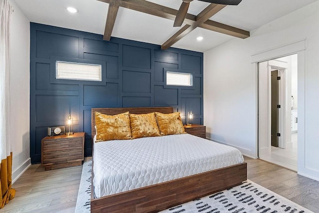 103 NW Ozark Way, Bentonville, AR 72712 - bedroom with light wood-style floors, beamed ceiling, recessed lighting, and ceiling fan